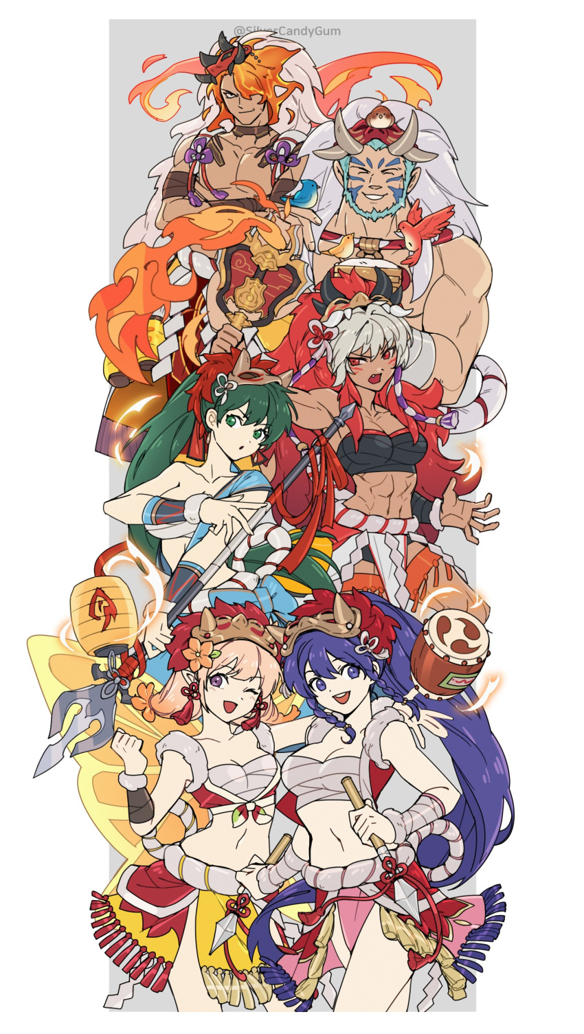 2boys 4girls ;d ^_^ abs absurdres bandages bandeau bare_shoulders beard bird blonde_hair blue_hair breasts chest_sarashi choker cleavage closed_eyes commentary_request cowboy_shot dark-skinned_female dark_skin facial_hair fire_emblem fire_emblem:_path_of_radiance fire_emblem:_radiant_dawn fire_emblem:_the_blazing_blade fire_emblem:_the_sacred_stones fire_emblem_fates fire_emblem_heroes green_eyes green_hair grey_hair gunbai hair_between_eyes highres holding holding_polearm holding_weapon large_breasts looking_at_viewer lyn_(fire_emblem) lyn_(flame)_(fire_emblem) mask mask_on_head midriff mordecai_(fire_emblem) mordecai_(flame)_(fire_emblem) multiple_boys multiple_girls muscular muscular_female muscular_male muspell_(fire_emblem) muspell_(flame)_(fire_emblem) navel oerba_yun_fang official_alternate_costume one_eye_closed pelvic_curtain peony_(fire_emblem) peony_(flame)_(fire_emblem) polearm ponytail purple_eyes red_eyes rinkah_(fire_emblem) rinkah_(flame)_(fire_emblem) sarashi short_hair sidelocks silvercandy_gum smile spear standing stomach strapless tana_(fire_emblem) tana_(flame)_(fire_emblem) thighs toned toned_male tube_top war_fan weapon