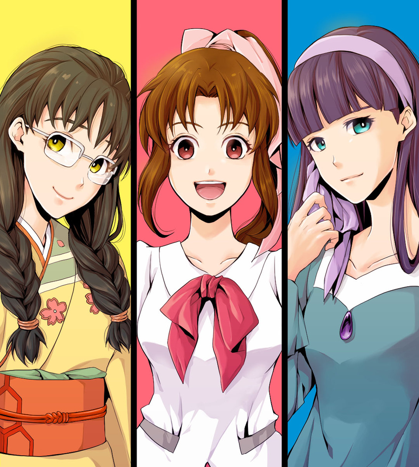 3girls aqua_eyes blue_background blue_dress braid brown_hair closed_mouth collared_shirt dress gem glasses hair_ribbon hair_tie hairband higaki_chizuru highres japanese_clothes kanose_tomoe kimono kumiyama_shigeno multiple_girls nostalgic_truth obi open_mouth orange_sash pink_background ponytail purple_hair red_eyes ribbon sash shin_mikagura_shoujo_tanteidan shirt sidelocks simple_background smile twintails upper_body white_shirt yellow_background yellow_eyes