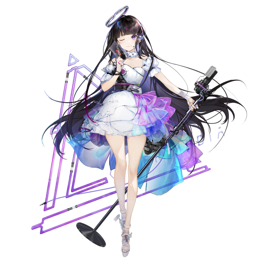 bare_shoulders brown_hair dress female frilled_dress frills full_body game_cg girls'_frontline girls'_frontline_neural_cloud halo headset highres holding holding_microphone_stand holding_record legs long_hair looking_at_viewer microphone microphone_stand nail_polish nanaka_(neural_cloud) official_art one_eye_closed purple_eyes purple_nails record sandals smile solo transparent_background very_long_hair white_dress