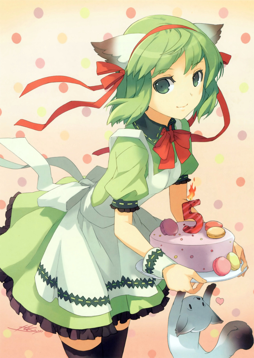 absurdres animal_ears apron birthday black_thighhighs bow bowtie cake candle female food green_eyes green_hair greenwood h2so4 hair_ribbon highres looking_at_viewer midori_(greenwood) original pastry photoshop_(medium) ribbon short_hair smile solo thighhighs waitress wrist_cuffs