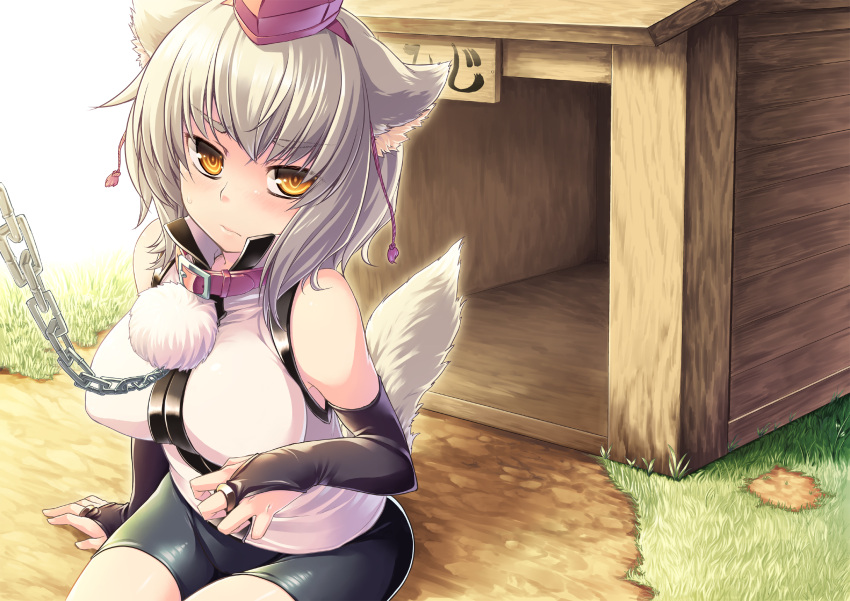 aaru_(tenrake_chaya) animal_ears bike_shorts blush breasts bridal_gauntlets chains collar commentary_request doghouse female grey_hair hat highres inubashiri_momiji large_breasts looking_at_viewer short_hair sitting solo tail tokin_hat touhou wolf_ears wolf_tail yellow_eyes