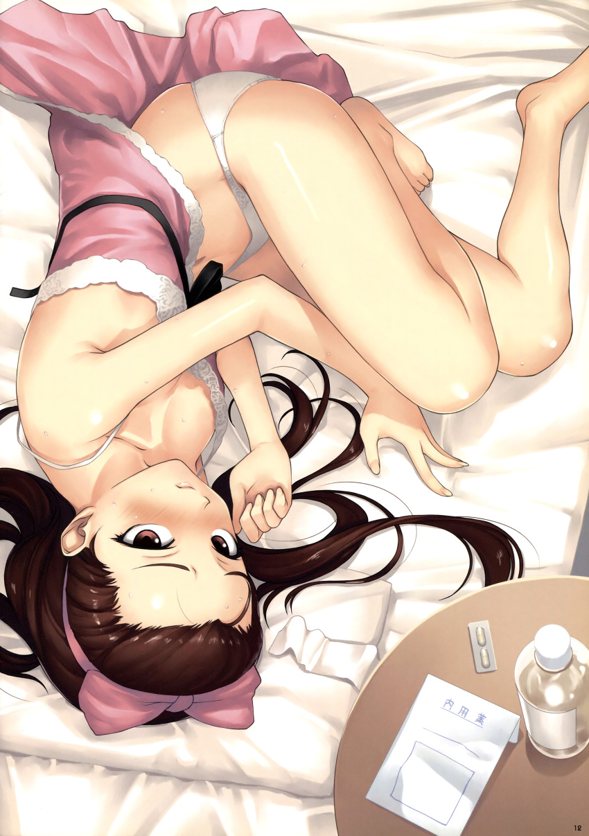 absurdres babydoll bare_legs bare_shoulders barefoot blush bow breasts brown_eyes brown_hair cleavage female fetal_position fever forehead hairbow highres idolmaster idolmaster_(classic) lips long_hair looking_at_viewer lying medium_breasts minase_iori navel on_side panties photoshop_(medium) pill pink_babydoll pink_bow skindentation solo sweat tanaka_shoutarou underwear upside-down white_panties