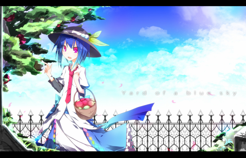 basket blue_hair commentary_request female food fruit hat hinanawi_tenshi ichiyan leaf letterboxed open_mouth peach red_eyes short_hair solo touhou