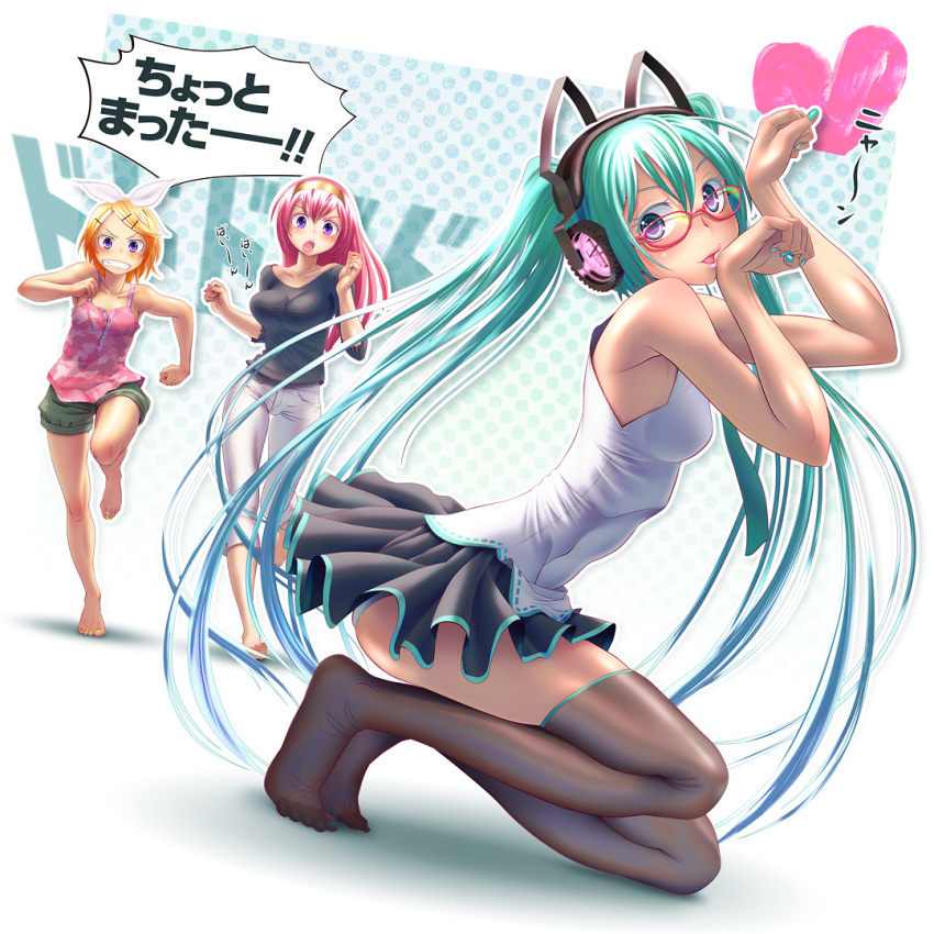 3girls aqua_hair bare_shoulders barefoot bespectacled black_thighhighs blonde_hair blue_eyes bouncing_breasts breasts capri_pants commentary_request feet fingernails glasses green_eyes hair_ornament hairband hairpin hatsune_miku headphones heart jealous kagamine_rin lat_model_(mikumikudance) long_hair medium_breasts megurine_luka multiple_girls nail_polish nyan panties pants paw_pose pink_hair red-framed_eyewear running see-through short_hair shorts skirt small_breasts standing thighhighs toenail_polish toenails toes translated underwear vocaloid wokada you_gonna_get_raped