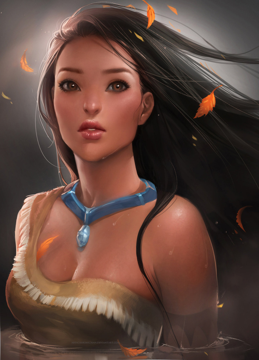 banned_artist bare_shoulders black_hair breasts brown_eyes cleavage deviantart_sample highres image_sample jewelry leaf lips long_hair looking_at_viewer medium_breasts native_american necklace partially_submerged pendant pocahontas pocahontas_(disney) realistic sakimichan water watermark wet