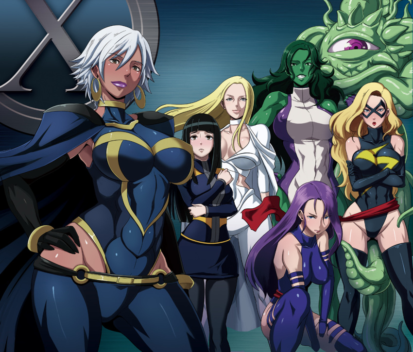 6+girls animification armor_(x-men) black_hair blonde_hair blue_eyes blue_leotard breasts brown_eyes butcha-u carol_danvers colored_skin crossed_arms dark-skinned_female dark_skin earrings emma_frost green_eyes green_hair green_skin hand_on_own_hip huge_breasts jennifer_walters jewelry large_breasts leotard marvel ms._marvel multiple_girls muscular odd_one_out pantyhose photoshop_(medium) psylocke purple_eyes purple_hair she-hulk shuma_gorath squatting storm_(x-men) tentacle thighhighs white_hair x-men x-men_(anime)