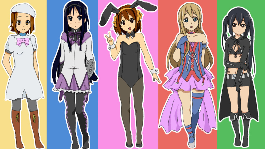 5girls akemi_homura akemi_homura_(cosplay) akemi_homura_(magical_girl) akiyama_mio animal_ears bare_shoulders bikini black_bikini black_eyes black_hair black_rock_shooter black_rock_shooter_(character) black_rock_shooter_(character)_(cosplay) black_shorts blonde_hair blue_eyes brown_eyes brown_hair commentary_request compilation cosplay cristina_valenzuela dress full_body higurashi_no_naku_koro_ni hirasawa_yui k-on! kotobuki_tsumugi llio long_hair look-alike macross macross_frontier mahou_shoujo_madoka_magica mahou_shoujo_madoka_magica_(anime) multiple_girls nakano_azusa no_shirt outline pantyhose playboy_bunny rabbit_ears ribbon ryuuguu_rena ryuuguu_rena_(cosplay) sheryl_nome sheryl_nome_(cosplay) short_hair shorts suzumiya_haruhi suzumiya_haruhi_(cosplay) suzumiya_haruhi_no_yuuutsu swimsuit tainaka_ritsu thighhighs twintails voice_actor_connection