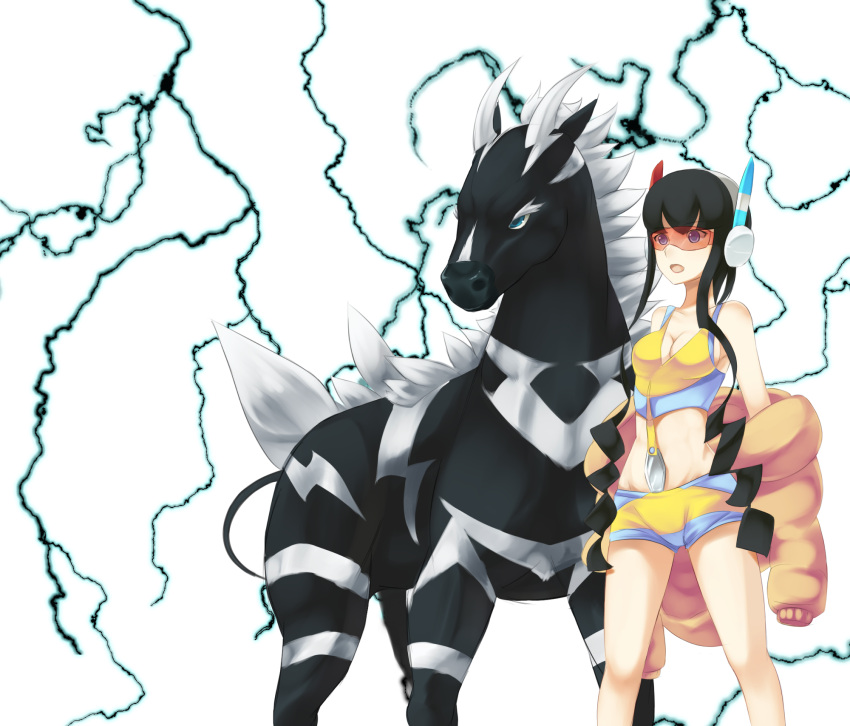 black_hair blue_eyes breasts cleavage coat commentary crop_top electricity elesa_(pokemon) female fur_coat headphones highres long_hair medium_breasts midriff pokemon pokemon_(creature) pokemon_bw2 ragecndy shorts sunglasses zebstrika