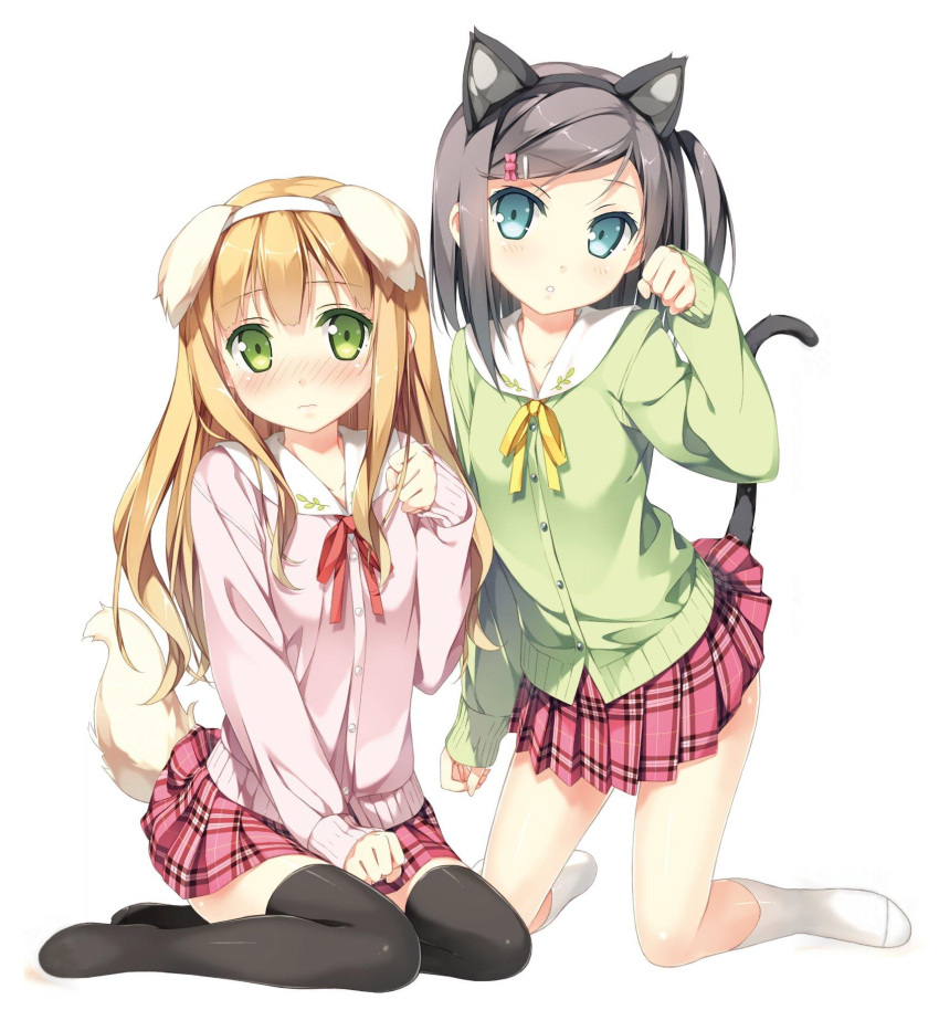 2girls animal_ears azuki_azusa black_hair black_legwear blonde_hair blue_eyes blush cardigan cat_ears cat_tail dog_ears dog_tail fake_animal_ears fake_tail green_eyes hair_ornament hairclip hentai_ouji_to_warawanai_neko hentai_ouji_to_warawanai_neko. highres kantoku kneehighs kneeling long_hair multiple_girls paw_pose plaid plaid_skirt ribbon short_hair side_ponytail simple_background sitting skirt tail thighhighs tsutsukakushi_tsukiko wariza white_background white_legwear zettai_ryouiki