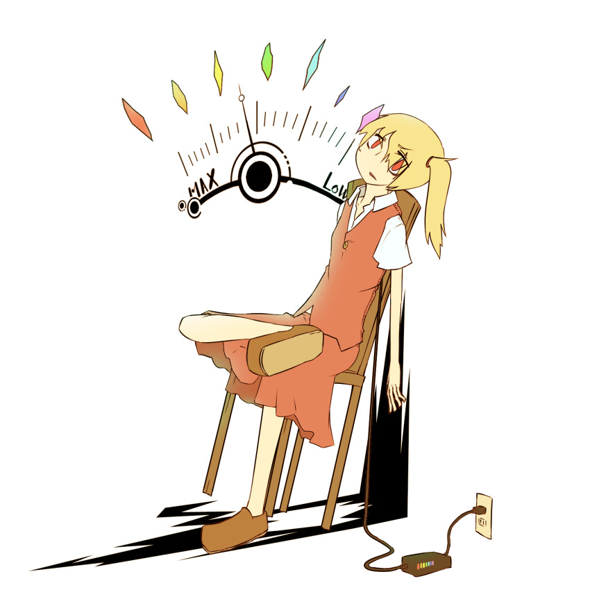 blonde_hair cable chair chair_tipping charger commentary_request electric_plug electrical_outlet female flandre_scarlet highres kimosan leaning_back recharging red_eyes short_hair side_ponytail sitting skirt skirt_set solo touhou wings