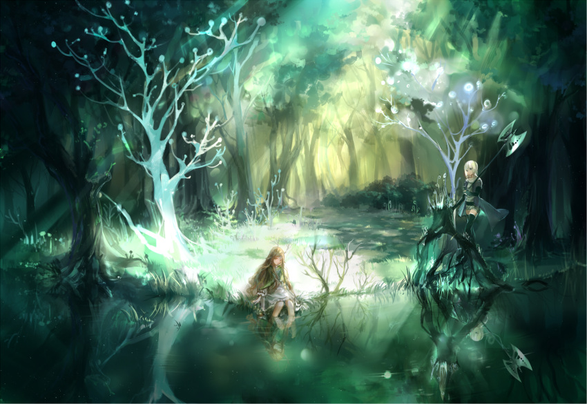 2girls blonde_hair cape chinese_commentary commentary_request dress forest h2so4kancel highres multiple_girls nature outdoors pixiv_fantasia pixiv_fantasia_sword_regalia pointy_ears reflection short_hair sunlight tree water weapon white_hair