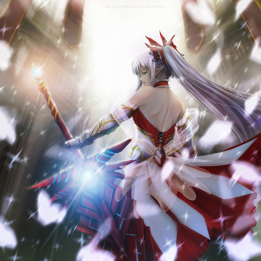 back def_(chronowarld) dress female highres looking_back original pixiv_fantasia pixiv_fantasia_sword_regalia pointy_ears ribbon silver_hair skirt sleeveless solo sword weapon