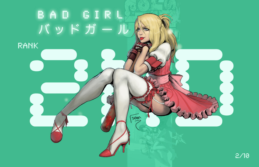 bad_girl baseball_bat blonde_hair blood blue_eyes commentary_request david_semsei dress female frills garter_belt high_heels lolita_fashion no_more_heroes photoshop_(medium) shoes solo thighhighs tongue