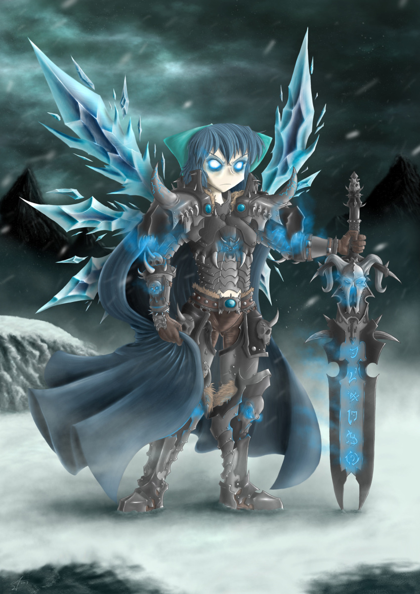 alternate_weapon armor bad_deviantart_id bad_id blackmorass blue_eyes cirno death_knight_(warcraft) female frostmourne highres parody photoshop_(medium) solo sword touhou warcraft weapon winter world_of_warcraft