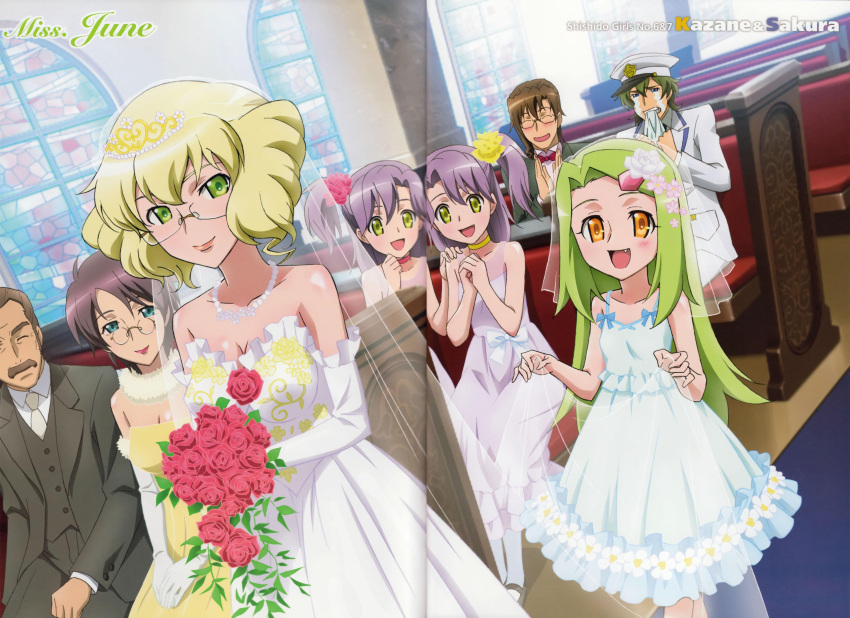 5girls absurdres blue_eyes blush brown_hair crease dress emilio_surre green_eyes green_hair hat highres mitchan multiple_girls oerba_yun_fang purple_hair satchan shishidou_kazane shishidou_sakura sora_wo_kakeru_shoujo wedding_dress yellow_eyes