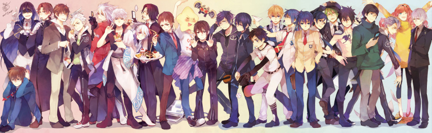 6+boys :> abe_takaya arakawa_under_the_bridge ascot bag baseball_mitt baseball_uniform beanie belt bishounen black_eyes black_gloves black_hair blazblue blazer blonde_hair blue_eyes blue_hair boots brown_eyes brown_hair butler cake cellphone chinese_commentary clannad closed_eyes clothes_around_waist coat commentary_request computer crepe crossover danshi_koukousei_no_nichijou double_v durarara!! fairy_tail fingerless_gloves food formal gintama glasses gloves graham_aker gray_fullbuster green_eyes green_hair grey_hair gundam gundam_00 hairband hand_on_head hand_on_headwear hat hazama highres hikarizaka_private_high_school_uniform holding honey_and_clover hoshi_(arakawa) index_finger_raised inu_x_boku_ss jacket jacket_around_waist jewelry kadota_kyouhei kamen_rider kamen_rider_kiva_(series) kanae_toichirou kita_high_school_uniform kivat-bat_iii kousaka_kyousuke kyon laptop leggings lineup long_hair macross macross_frontier male_focus maria_holic mayama_takumi miketsukami_soushi military military_uniform minatsume monocle multiple_boys multiple_crossover nakamura_yuuichi nanami_kanata necklace necktie okazaki_tomoya one_eye_closed ookiku_furikabutte open_mouth ore_no_imouto_ga_konna_ni_kawaii_wake_ga_nai otoko_no_ko outstretched_arms pants paper_airplane phone photoshop_(medium) pink_hair plastic_bag ponytail ragna_the_bloodedge real_life_insert red_eyes ronove_(umineko) sakata_gintoki saotome_alto school_uniform seigetsu_academy_school_uniform shiranui_kazuki shoes short_hair shoukiin_kagerou shugo_chara! signature sitting smile soldier_blue sportswear starry_sky_(game) striped striped_necktie sugita_tomokazu suit suzumiya_haruhi_no_yuuutsu sword tabata_hidenori tattoo tokyo_encounter toward_the_terra tray tsukimiya_ringo tsukiyomi_ikuto umineko_no_naku_koro_ni uniform uta_no_prince-sama v voice_actor voice_actor_connection weapon white_gloves white_hair winter_uniform