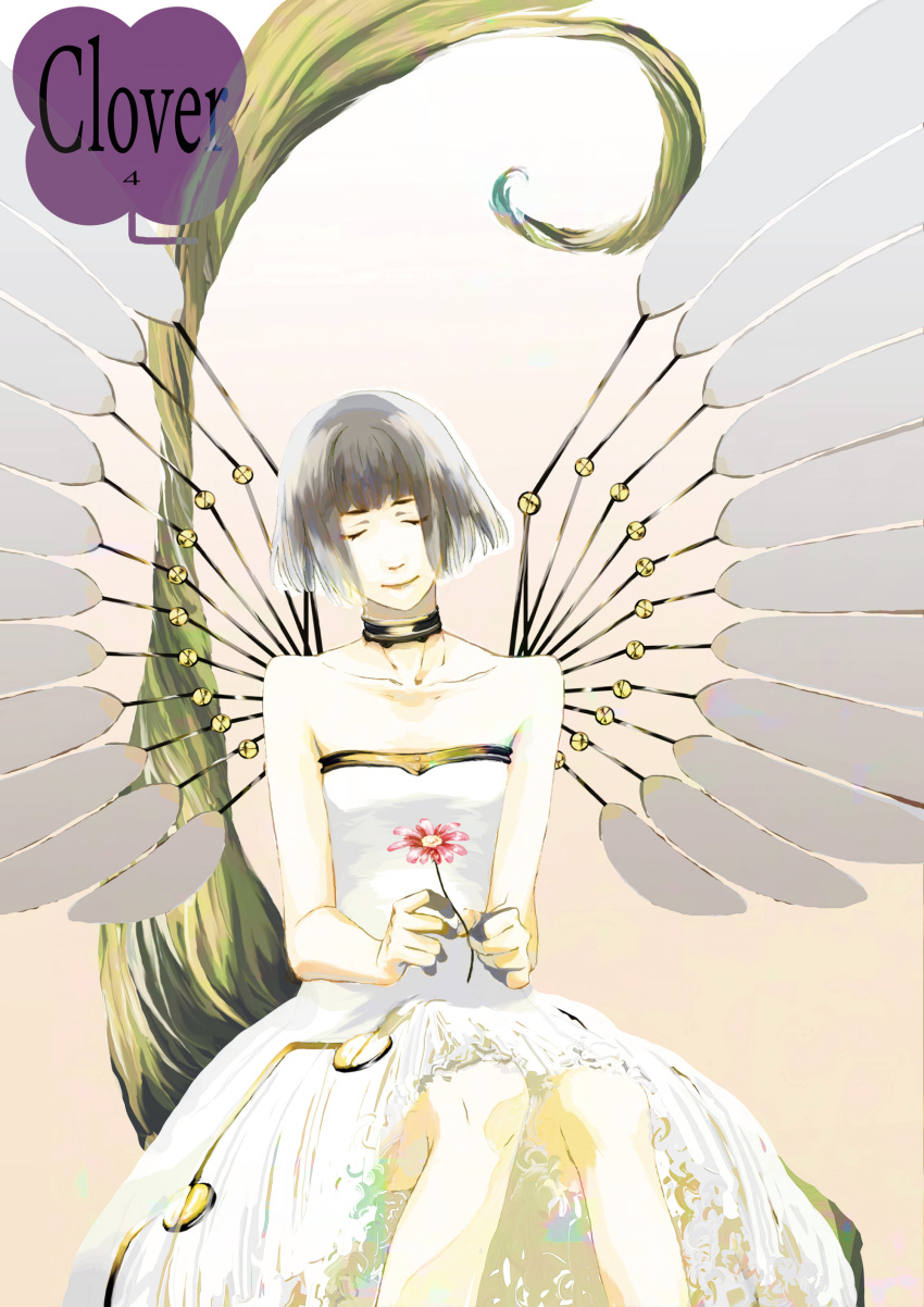 absurdres bad_id bad_pixiv_id bare_shoulders blunt_bangs bob_cut choker closed_eyes clover_(manga) commentary_request copyright_name dress female flower hands haru_(andflowers) highres holding mechanical_wings photoshop_(medium) short_hair simple_background sitting suu_(clover) white_dress white_hair wings