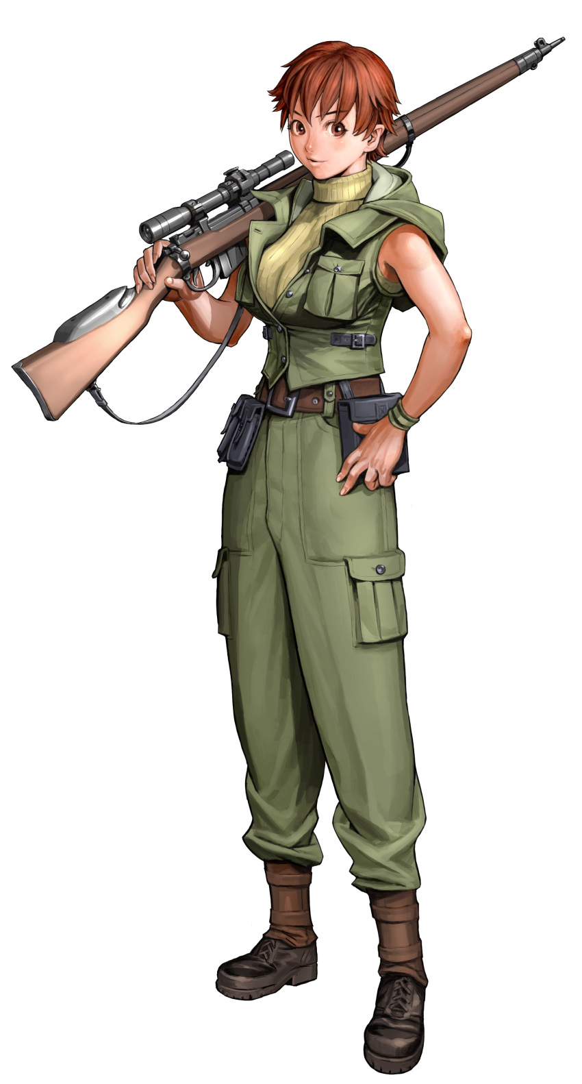 absurdres bolt_action boots breasts brown_eyes brown_hair combat_boots cynthia_rivele female full_body green_shirt gun hand_on_own_hip highres large_breasts lee-enfield military military_uniform operation_darkness over_shoulder photoshop_(medium) pouch ribbed_sweater rifle scope shirt short_hair sleeveless sniper_rifle solo sugiura_yoshio sweater unbuttoned uniform weapon weapon_over_shoulder