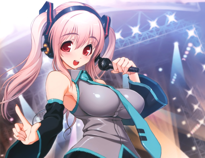 absurdres blush cosplay female hatsune_miku hatsune_miku_(cosplay) headphones highres long_hair microphone necktie nitroplus pink_hair red_eyes solo super_sonico tsuji_santa twintails vocaloid