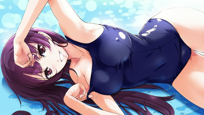 arm_up armpits breasts cleavage happy highres kanoe_yuuko large_breasts laying_on_side long_hair looking_at_viewer lying nylon purple_eyes purple_hair school_swimsuit swimsuit tasogare_otome_x_amnesia