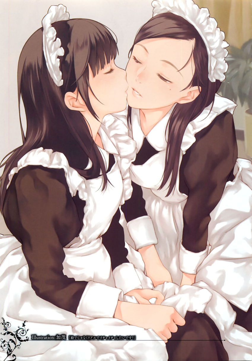 2girls apron artist_name black_dress black_hair blush brown_eyes closed_eyes collared_dress couple dress facing_another feet_out_of_frame frilled_apron frills half-closed_eyes highres imminent_kiss kamo_(gafas) lips long_hair looking_at_another maid maid_apron maid_headdress mole mole_under_eye multiple_girls non-web_source original parted_bangs parted_lips plant potted_plant scan sitting smile teeth white_apron yuri