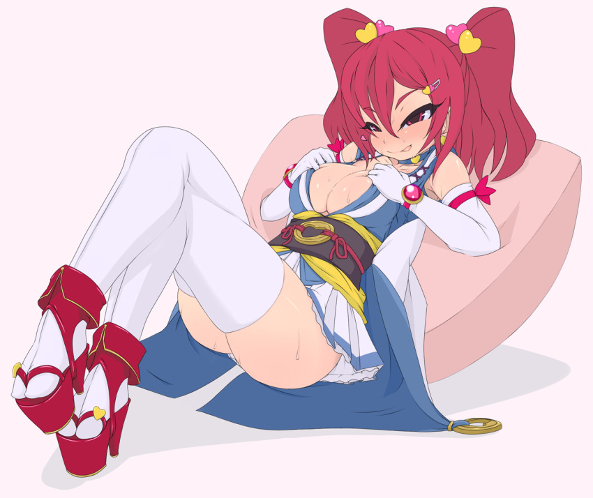 :p a.l.l. blush breasts center_opening choker cleavage elbow_gloves female female geta gloves hair_bobbles hair_ornament hairclip heart high_heels large_breasts lying on_back onozuka_komachi open_shoes panties pillow platform_footwear red_eyes red_hair shoes short_hair smile solo sweat thighhighs tongue tongue_out touhou twintails underwear white_legwear white_panties