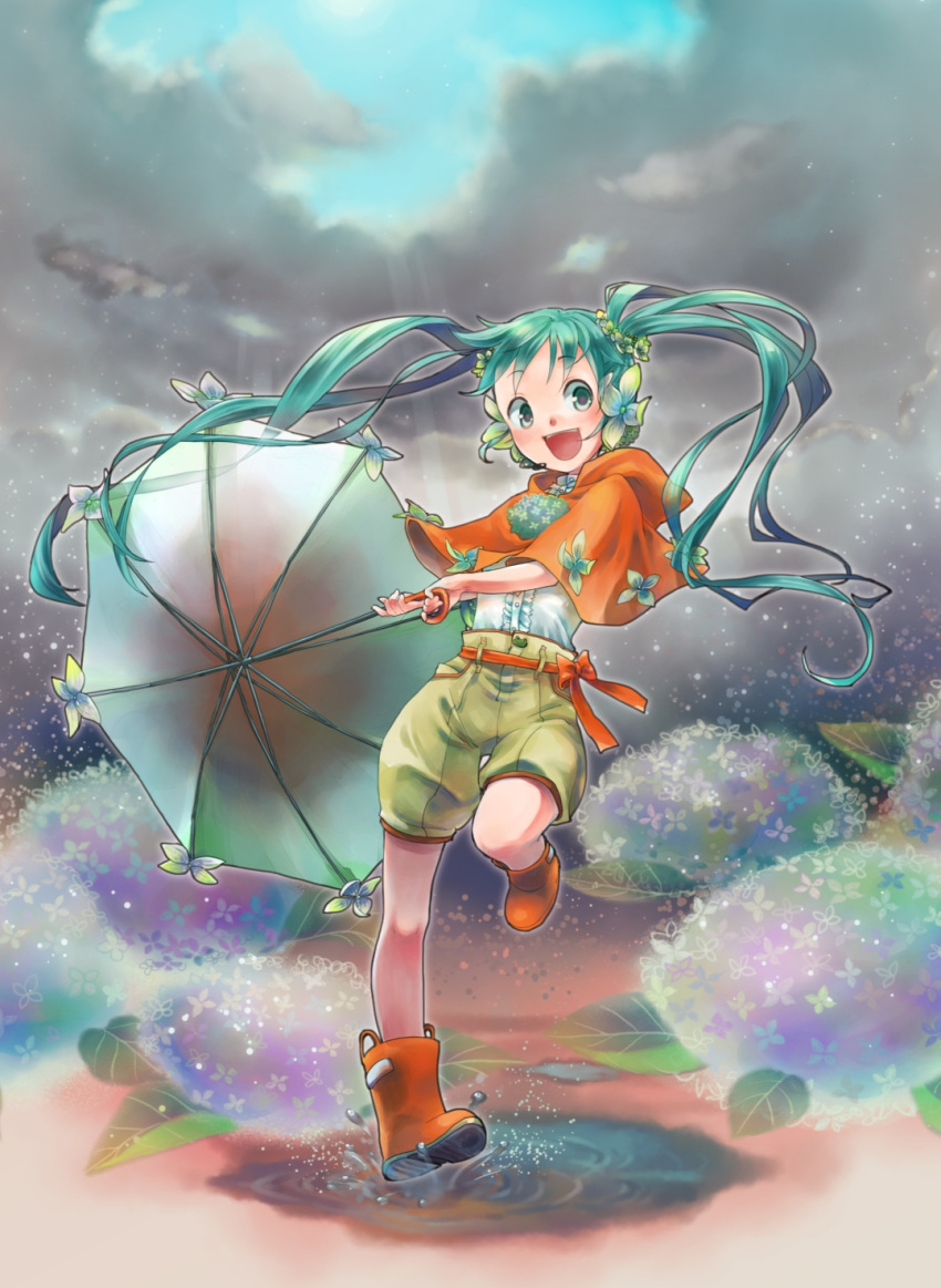 :d alternate_costume aqua_eyes aqua_hair blush boots cape cloud commentary_request female flower hair_flower hair_ornament hatsune_miku highres hydrangea kiitos long_hair microphone open_mouth orange_footwear puddle rubber_boots scrunchie shirt shorts sky smile solo twintails umbrella vocaloid water