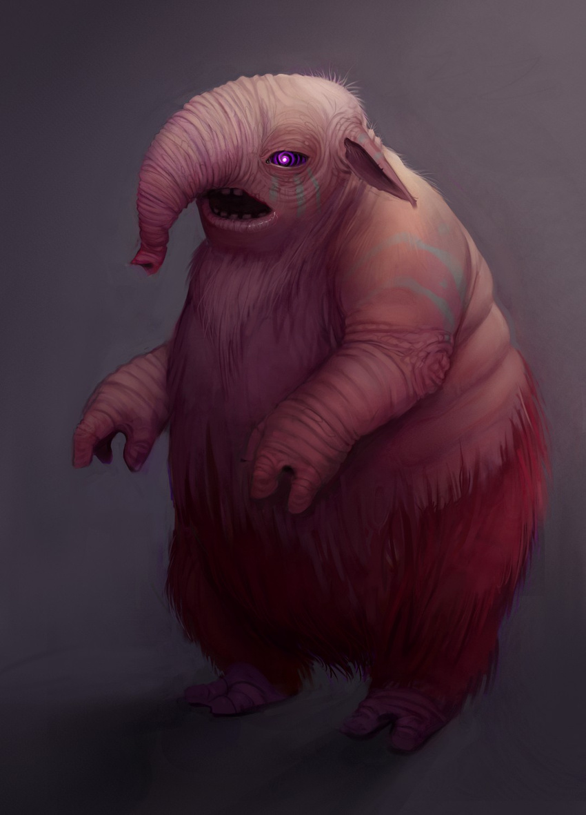 commentary_request drowzee gavin_mackey grey_background highres no_humans open_mouth pokemon pokemon_(creature) purple_eyes realistic solo spiral standing teeth wrinkled_skin