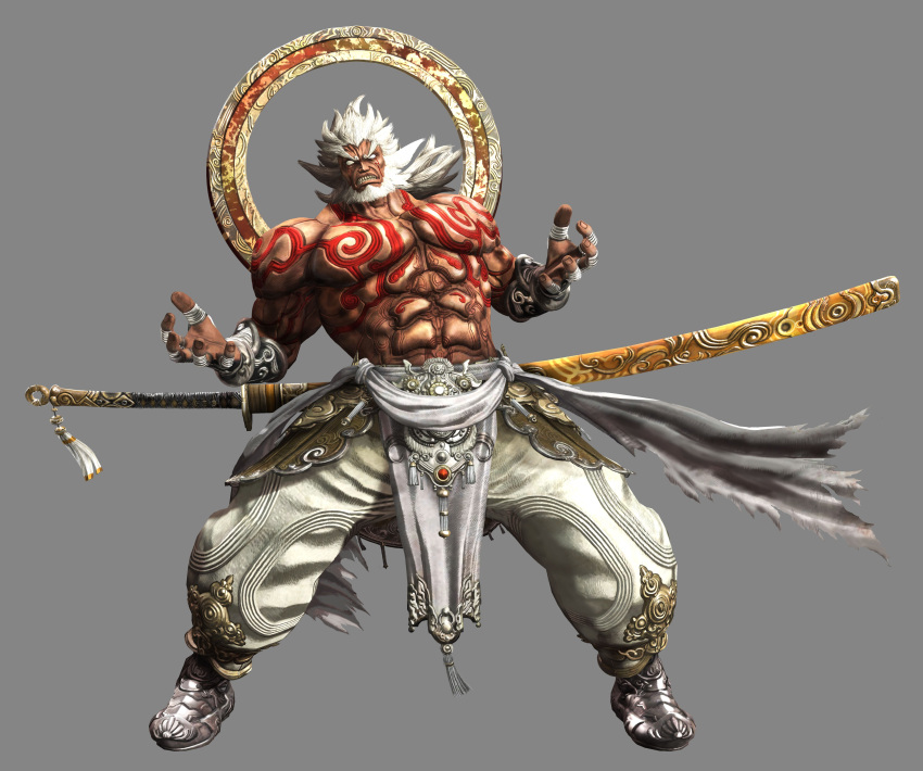 asura's_wrath augus_(asura's_wrath) beard capcom cyber_connect_2 facial_hair hair halo highres male male_focus sword weapon white_clothes white_eyes white_hair