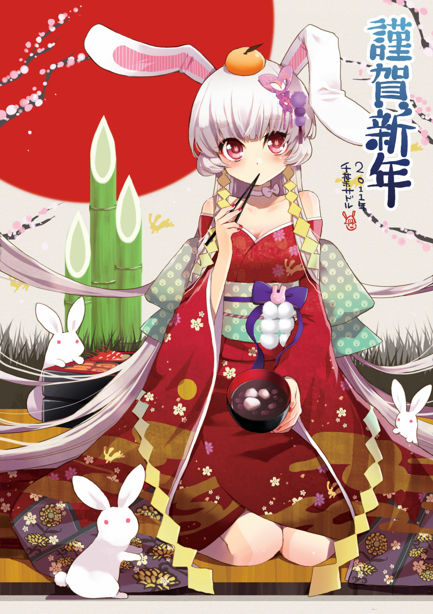 2011 absurdres animal_ears bare_shoulders bento breasts chiba_sadoru chopsticks cleavage eating egasumi female food hair_ornament highres japanese_clothes kadomatsu kimono long_hair medium_breasts new_year obi off_shoulder original osechi photoshop_(medium) rabbit rabbit_ears red_eyes red_kimono red_sun sash sitting solo symbol-shaped_pupils very_long_hair white_hair zouni_soup