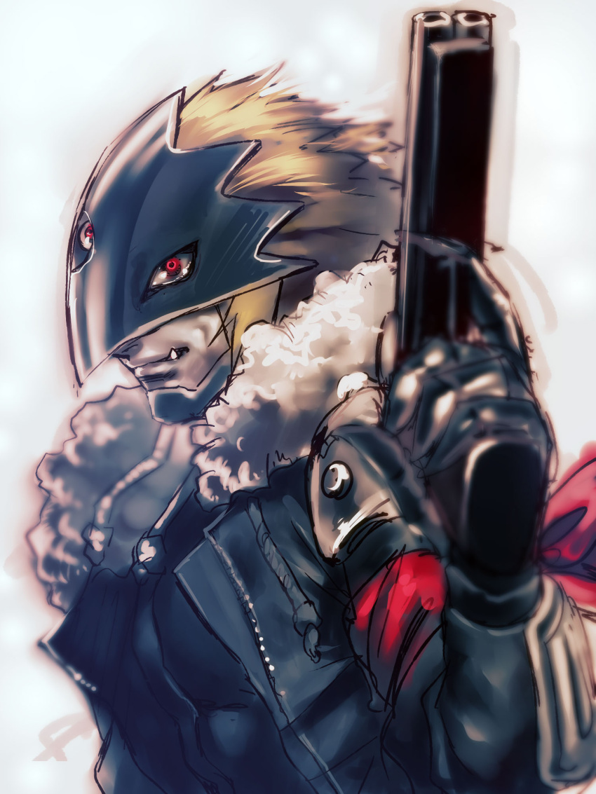 1boy armband bad_id bad_pixiv_id beelzebumon blonde_hair blurry depth_of_field digimon digimon_(creature) digimon_tamers double_barrels gun handgun highres holding holding_gun holding_weapon jacket katou_teppei male_focus manly oerba_yun_fang red_eyes simple_background solo third_eye trigger_discipline weapon