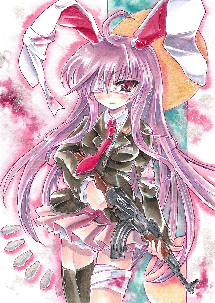 ahoge ak-47 animal_ears assault_rifle bandages blood blush buttons color_ink_(medium) commentary_request crescent eyepatch female gun highres kalashnikov_rifle long_hair meguri_uguisu necktie purple_eyes purple_hair rabbit_ears reisen_udongein_inaba rifle skirt smile solo thighhighs torn_clothes touhou traditional_media trigger_discipline weapon zettai_ryouiki