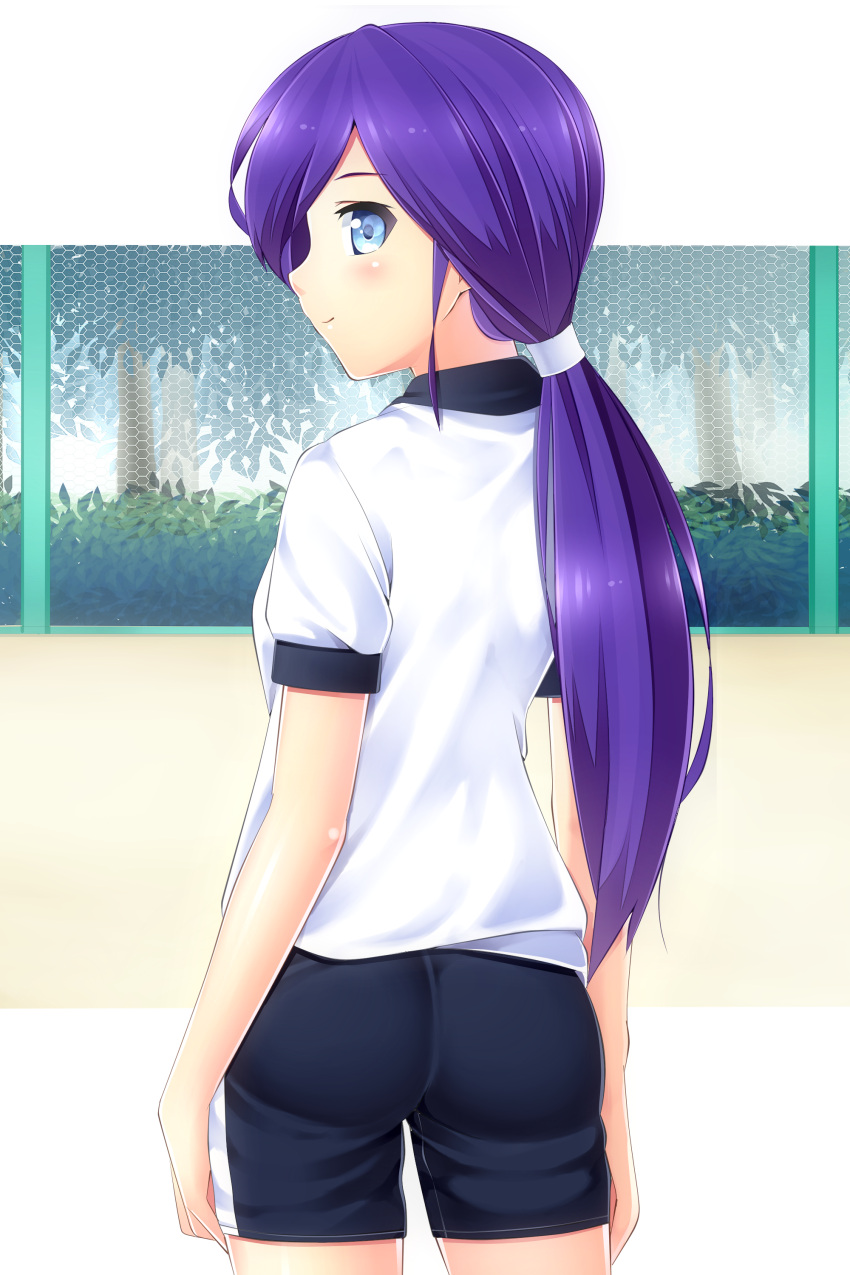 absurdres ass back bike_shorts blue_eyes blush female gym_uniform highres komiltuto komimiyako komitsu long_hair looking_back ponytail purple_hair solo thighs