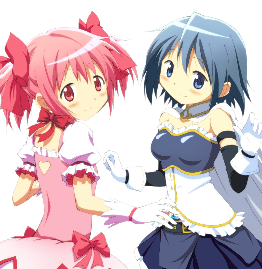 armband bad_id bad_nicoseiga_id banned_artist belt blue_eyes blue_hair blush bow bubble_skirt cape detached_sleeves gloves gonzaburou hairbow heart highres kaname_madoka looking_at_viewer magical_girl mahou_shoujo_madoka_magica miki_sayaka multiple_girls pink_eyes pink_hair puffy_sleeves short_hair short_twintails skirt soul_gem twintails white_gloves