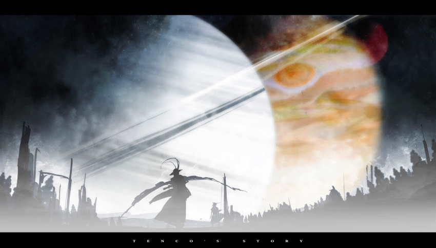 2girls commentary_request hat highres hinanawi_tenshi jupiter_(planet) letterboxed multiple_girls nagae_iku night planet shawl siirakannu silhouette sky star_(symbol) tenco's_story touhou