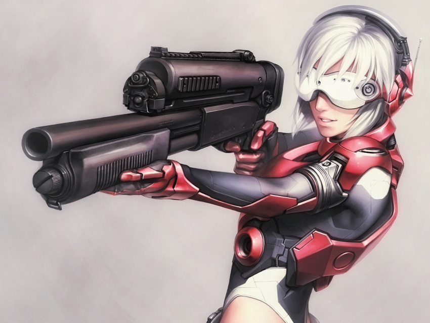 android armor bodysuit commentary_request cyberpunk cyborg female glasses gun headgear headphones iwai_ryou lips original photoshop_(medium) power_suit pump_action realistic science_fiction short_hair shotgun smile weapon white_hair