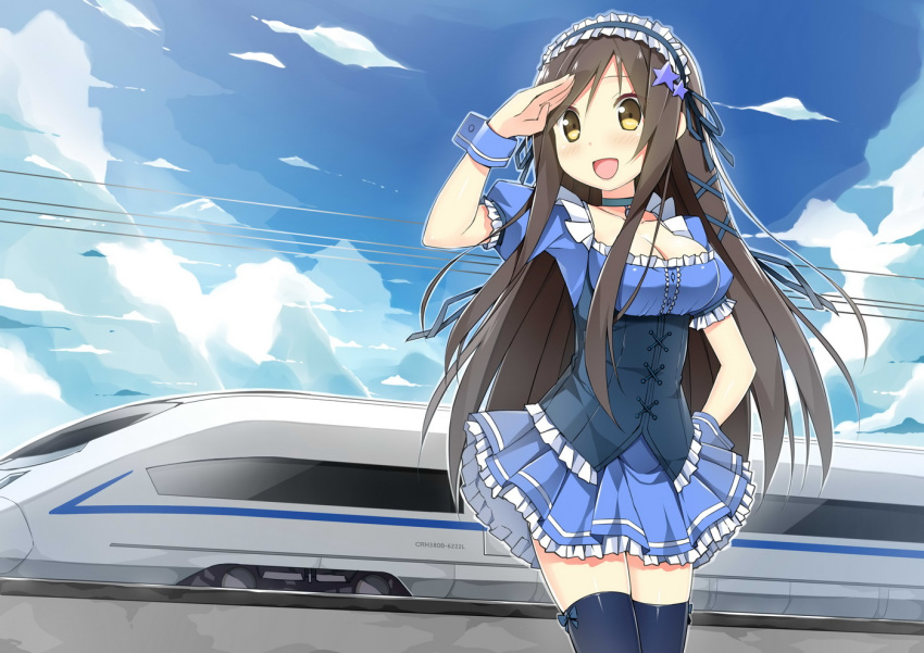 :d blue_sky blue_thighhighs breasts brown_eyes brown_hair china_railway_girl china_railways_crh380b choker cleavage cloud commentary_request corset day female hair_ornament hairband lolita_hairband long_hair medium_breasts open_mouth original outdoors personification puffy_sleeves saionji_rin_(crh380b) shinkansen sidelocks skindentation sky sky-freedom smile solo thighhighs train wrist_cuffs