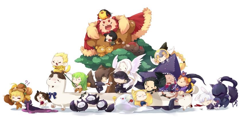 5girls 6+boys adalove aged_up ahoge alpaca animal_ears animalization armor armored_dress artoria_pendragon_(fate) assassin_(fate/zero) bear berserker_(fate/zero) bird black_hair blonde_hair blood brown_hair bull carnival_phantasm cat_ears centaur chibi coat commentary diarmuid_ua_duibhne_(lancer)_(fate) dog_tail dress earrings emiya_kiritsugu english_commentary enkidu_(fate) everyone fate/apocrypha fate/strange_fake fate/tiger_colosseum fate/zero fate_(series) father_and_daughter fox_ears gilgamesh_(fate) gilles_de_rais_(caster)_(fate) grail-kun hair_ribbon highres irisviel_von_einzbern iskandar_(fate) jeanne_d'arc_(fate) jeanne_d'arc_(ruler)_(fate) jewelry kayneth_el-melloi_archibald kemonomimi_mode kotomine_kirei long_hair lord_el-melloi_ii matou_kariya matou_sakura monkey multiple_boys multiple_girls necklace oerba_yun_fang photoshop_(medium) polearm rabbit_ears red_hair ribbon saber_(fate) saber_lion scarf sharp_teeth short_hair siblings smile sola-ui_nuada-re_sophia-ri spear starfish tail taur teeth tohsaka_rin tohsaka_tokiomi tree twintails uryuu_ryuunosuke volumen_hydragyrum_(fate) waver_velvet weapon white_hair wings