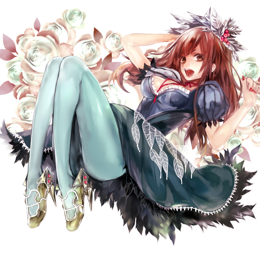 blue_pantyhose brown_eyes brown_hair commentary_request dress female flower hair_ornament high_heels highres nail_polish original pantyhose rose shoes solo tcb