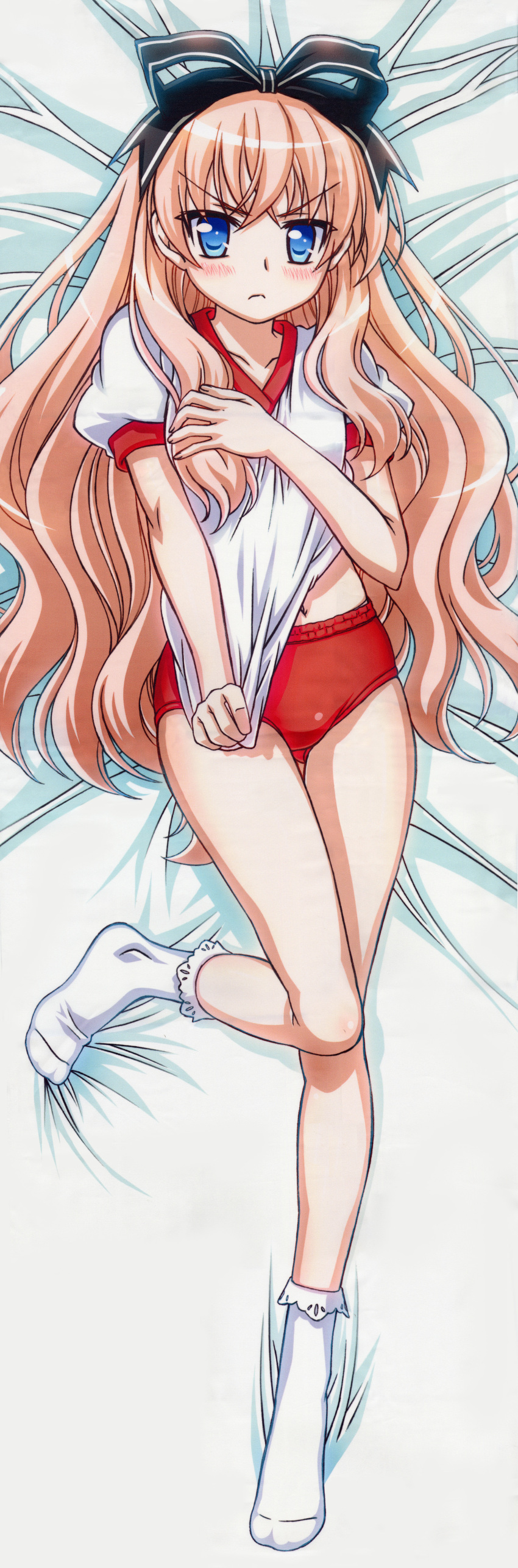 absurdres bad_link bed_sheet blue_eyes bobby_socks bow brown_hair buruma clothes_pull dakimakura_(medium) female full_body gym_uniform hairbow highres legs long_hair lying mayoi_neko_overrun! red_buruma scan shirt_pull socks solo umenomori_chise very_long_hair