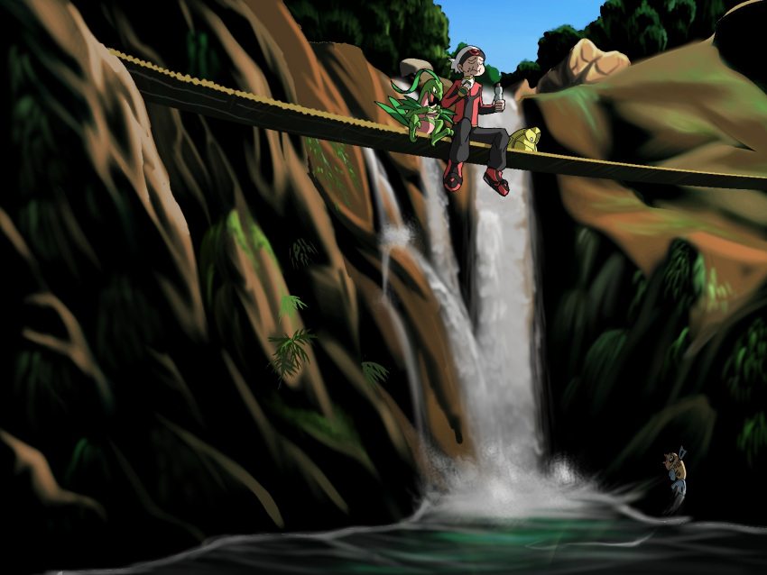 1boy backpack bag bandana brendan_(pokemon) commentary_request eating feebas food gloves grovyle highres nature onigiri outdoors pokemon pokemon_(creature) pokemon_rse river shitappa_13-gou sitting water waterfall