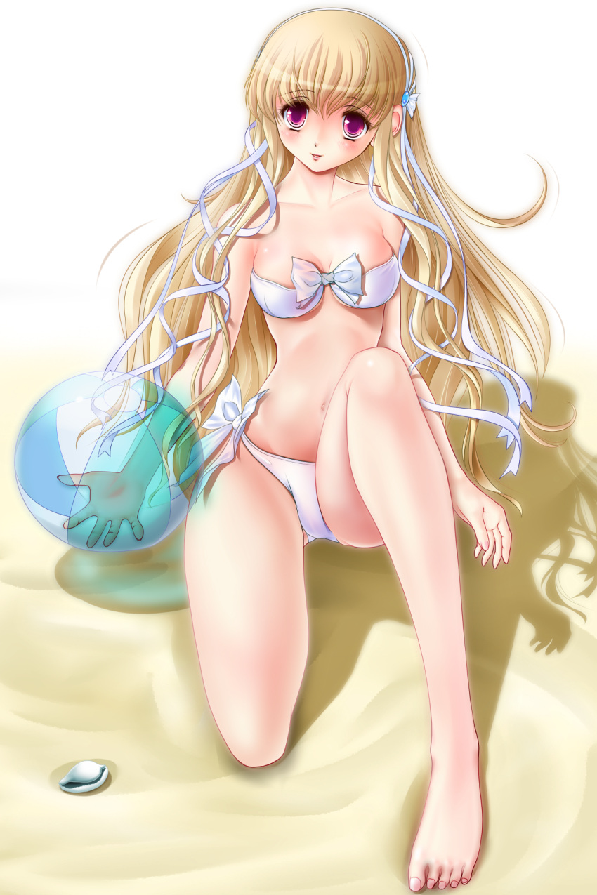 bad_id bad_pixiv_id ball beachball bikini blonde_hair clarissa_satsuki_maezono female highres honeycoming_royalsweet long_hair miharin pink_eyes ribbon solo swimsuit