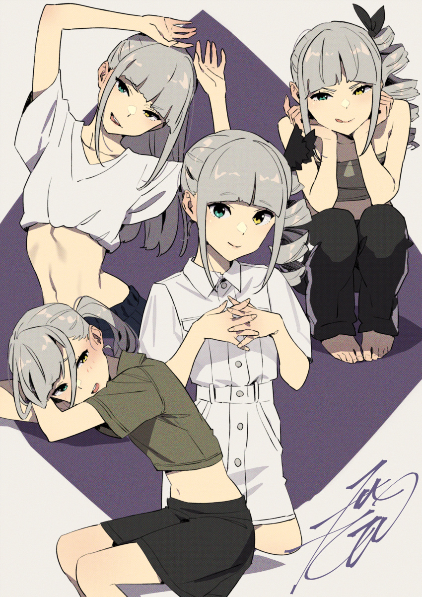 :p barefoot black_bow black_pants black_shorts blunt_bangs bow collage cropped_legs dress drill_hair elbows_on_knees female full_body green_eyes green_shirt grey_hair grey_tube_top hairbow haishima_kagari head_on_arm heterochromia highres interlocked_fingers kobayashi_gen long_hair looking_at_viewer midriff navel pants school_girl_strikers shirt shorts side_ponytail sidelocks signature simple_background sitting strapless tongue tongue_out tube_top white_dress white_shirt workout_clothes yellow_eyes