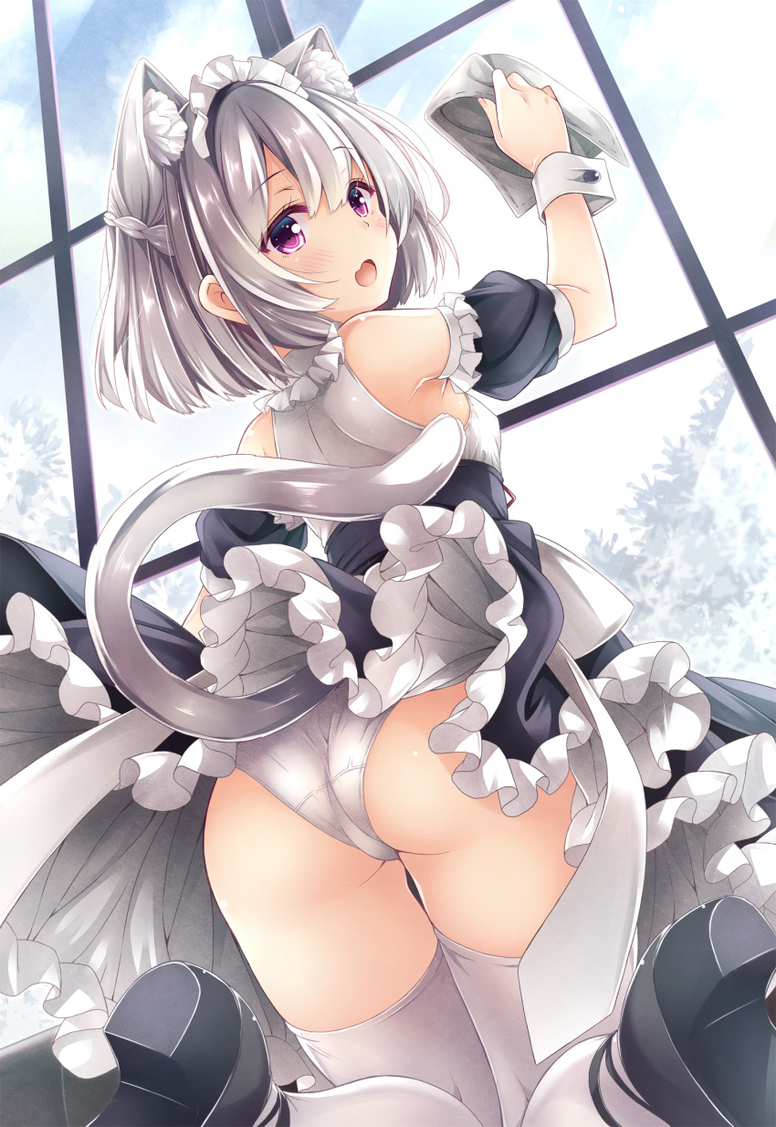 :o animal_ears ass bare_shoulders black_footwear black_skirt breasts cat_ears cat_girl cat_tail cleaning cleaning_windows commentary_request day detached_sleeves female frilled_skirt frills highres holding indoors looking_at_viewer looking_back maid maid_headdress open_mouth original panties pantyshot photoshop_(medium) rag ryo_(botugo) shirt shoes short_hair short_sleeves skirt small_breasts solo tail thighhighs underwear white_panties white_shirt window wrist_cuffs