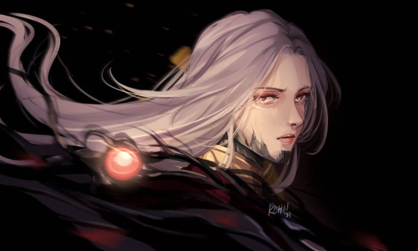 angerykacchan black_sclera colored_sclera dark dress edelgard_von_hresvelg edelgard_von_hresvelg_(hegemon_husk) female fire_emblem fire_emblem:_three_houses fire_emblem_heroes hair_between_eyes long_hair looking_at_viewer monster_girl simple_background upper_body white_hair