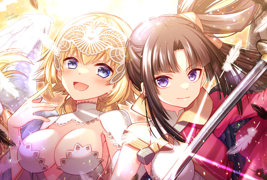 2girls black_hair blonde_hair blue_eyes blush breasts cleavage dress fate/apocrypha fate/grand_order fate_(series) feathered_wings feathers hair_bun headpiece highres japanese_clothes jeanne_d'arc_(fate) jeanne_d'arc_(lostroom_outfit)_(fate) katana kimono large_breasts long_hair long_sleeves looking_at_viewer medium_breasts multiple_girls open_mouth parted_bangs sakura_tsubame side_ponytail sidelocks single_hair_bun single_side_bun smile sword ushiwakamaru_(fate) ushiwakamaru_(lostroom_outfit)_(fate) very_long_hair weapon white_dress wings