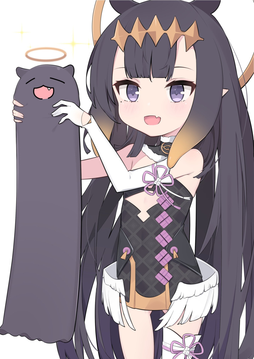 :3 =_= aged_down black_hair blunt_bangs cp2980606 detached_sleeves female flat_chest fur_choker gloves gradient_hair halo highres holding hololive hololive_english long_hair longcat_(meme) meme multicolored_hair ninomae_ina'nis ninomae_ina'nis_(1st_costume) oerba_yun_fang open_mouth orange_hair pointy_ears purple_eyes sidelocks single_detached_sleeve single_glove single_thighhigh smile solo takodachi_(ninomae_ina'nis) tentacle_hair thighhighs very_long_hair virtual_youtuber white_background white_gloves wings