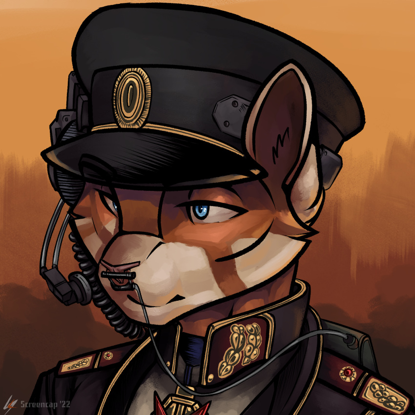 1:1 ailurid anthro bust_portrait clothed clothing dieselpunk digital_media_(artwork) digital_painting_(artwork) electronics fur gas_mask headgear headphones headset headwear hi_res highfleet_(game) male mammal mask military military_uniform portrait red_panda screencap_(artist) shaded simple_background solo uniform