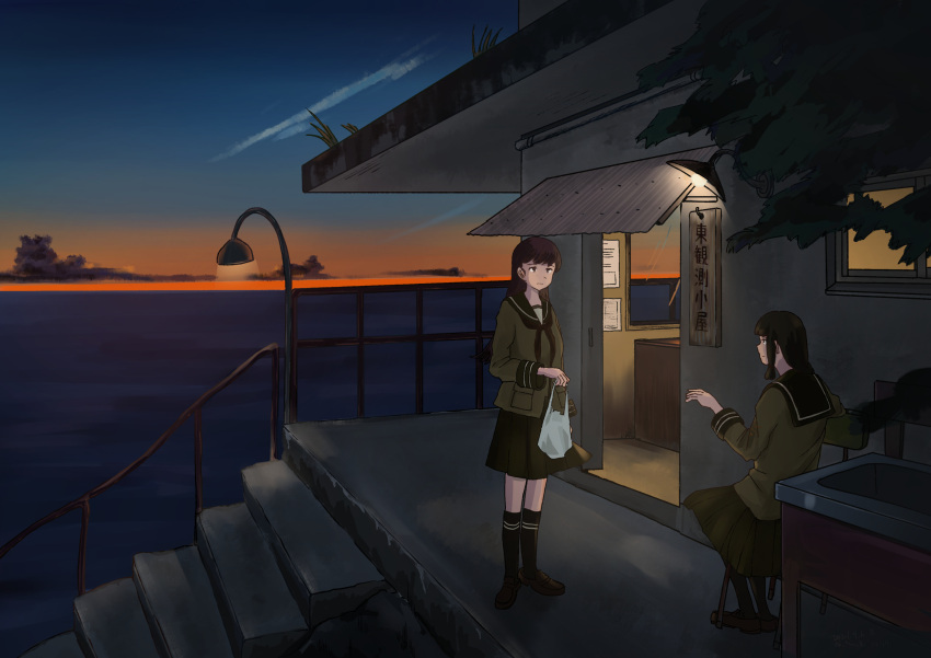 2girls bag black_hair black_socks brown_footwear brown_hair brown_neckerchief chair cloud commentary_request green_serafuku green_skirt highres holding holding_bag kantai_collection kitakami_(kancolle) kitakami_kai_(kancolle) kuragare lamppost long_hair long_sleeves multiple_girls neckerchief ocean ooi_(kancolle) ooi_kai_(kancolle) orange_sky outdoors pleated_skirt school_uniform serafuku shopping_bag sidelocks sitting skirt sky socks standing sunset