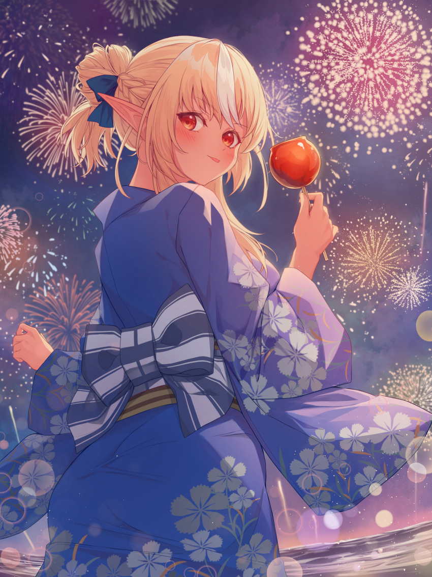 :p absurdres aerial_fireworks blonde_hair blue_kimono blue_ribbon blush braid candy_apple dark-skinned_female dark_skin elf female fireworks food from_behind hair_bun hair_ornament highres holding holding_food hololive japanese_clothes kimono long_hair long_sleeves looking_at_viewer looking_back multicolored_hair obi pointy_ears print_kimono red_eyes ribbon sash shiranui_flare sidelocks sky solo streaked_hair tang-du tongue tongue_out virtual_youtuber white_hair